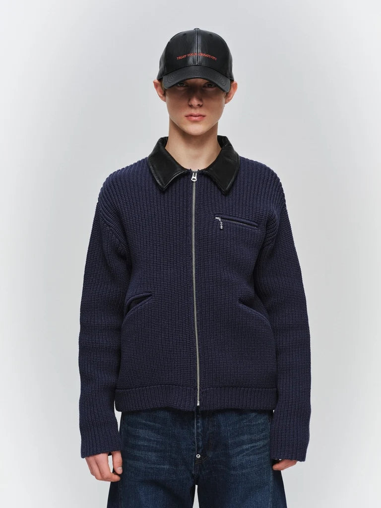 LEATHER-COLLAR KNIT WORK JACKET