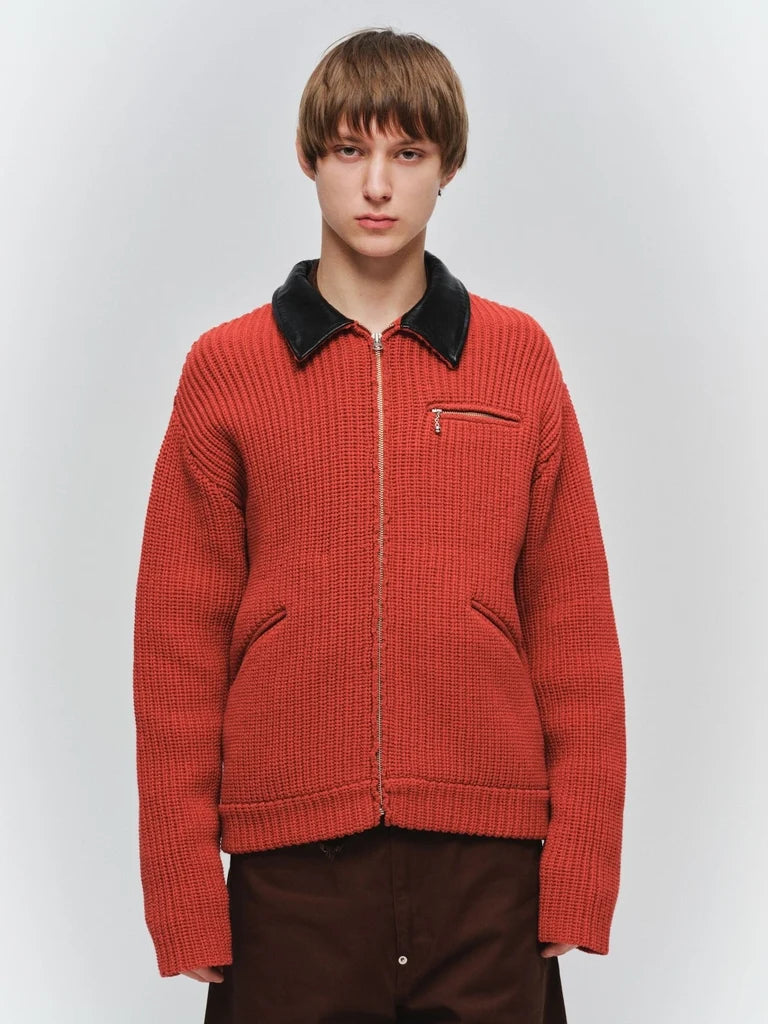 LEATHER-COLLAR KNIT WORK JACKET