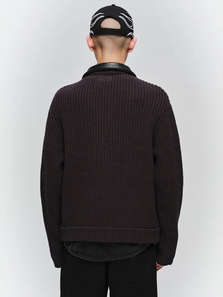 LEATHER-COLLAR KNIT WORK JACKET