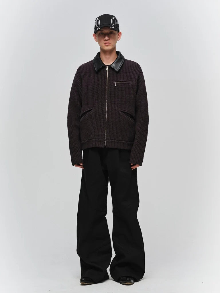 LEATHER-COLLAR KNIT WORK JACKET