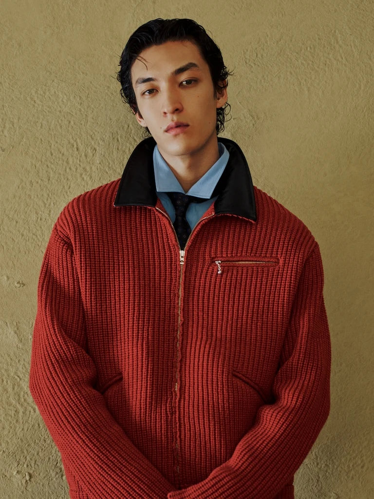 LEATHER-COLLAR KNIT WORK JACKET
