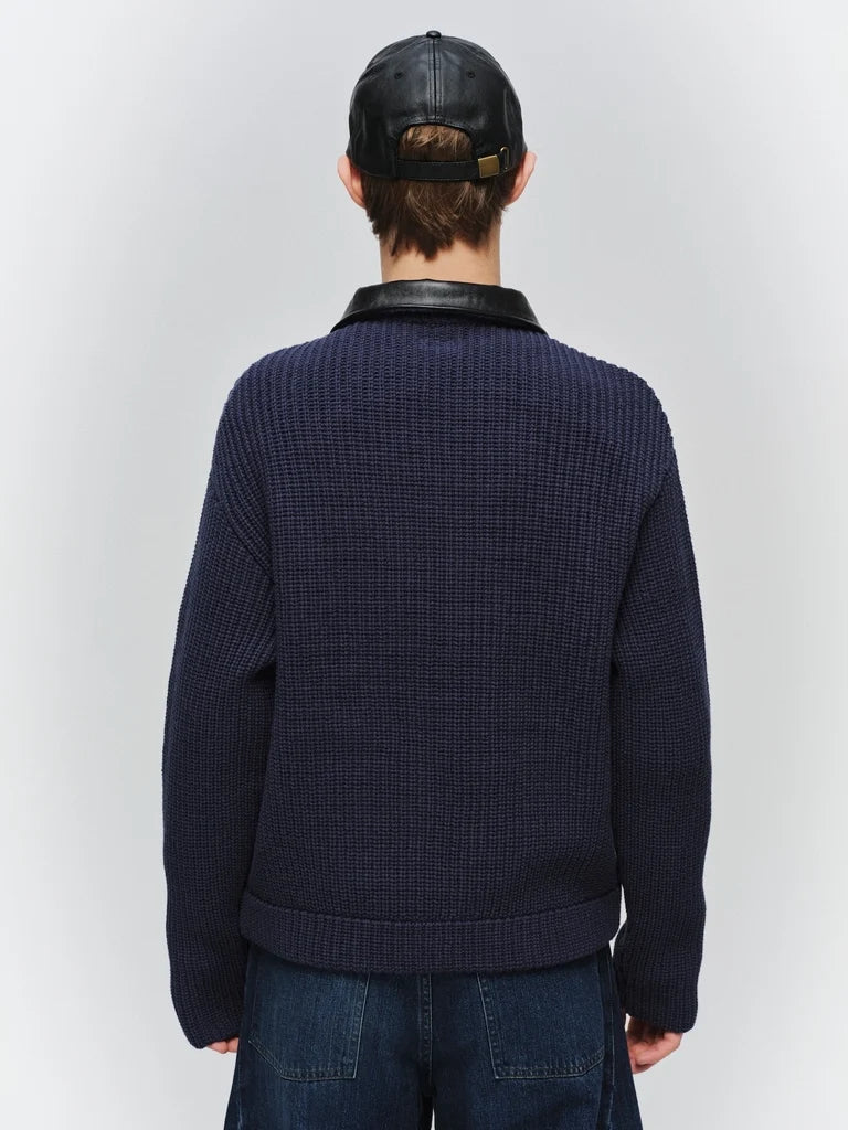 LEATHER-COLLAR KNIT WORK JACKET