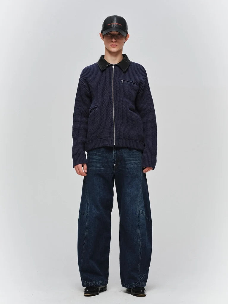 LEATHER-COLLAR KNIT WORK JACKET