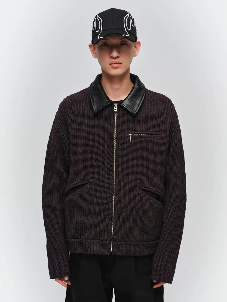 LEATHER-COLLAR KNIT WORK JACKET