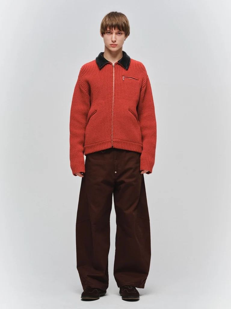 LEATHER-COLLAR KNIT WORK JACKET