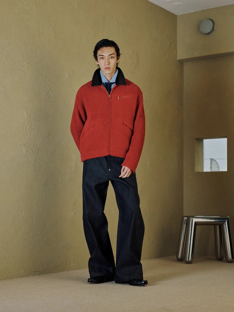 LEATHER-COLLAR KNIT WORK JACKET