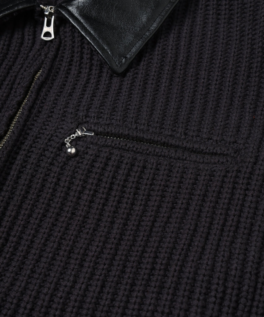 LEATHER-COLLAR KNIT WORK JACKET