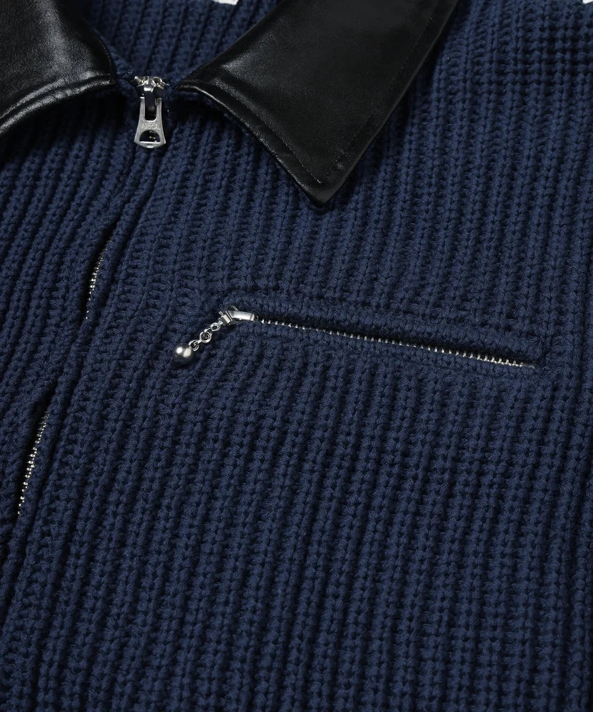 LEATHER-COLLAR KNIT WORK JACKET